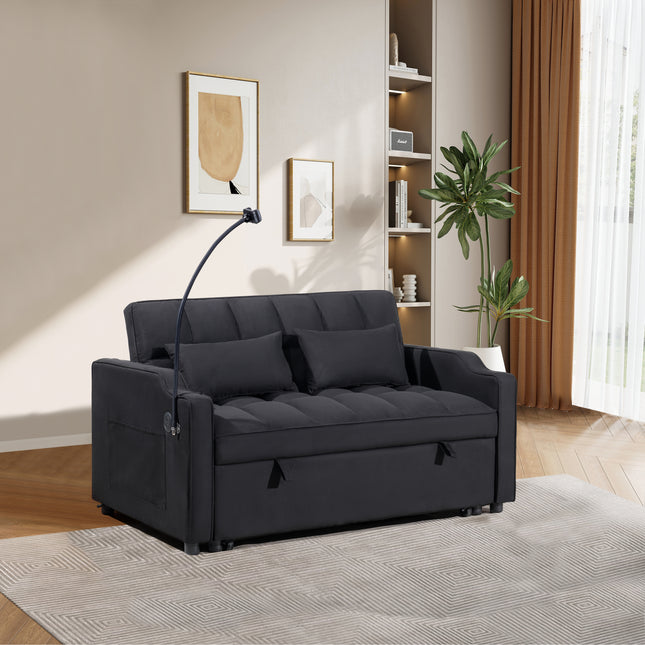 1 multifunctional foldable sofa bed with 3 different lengths, modern sofa, upgraded suede fabric, adjustable backrest, Black color with USB port and rotating telephone stand