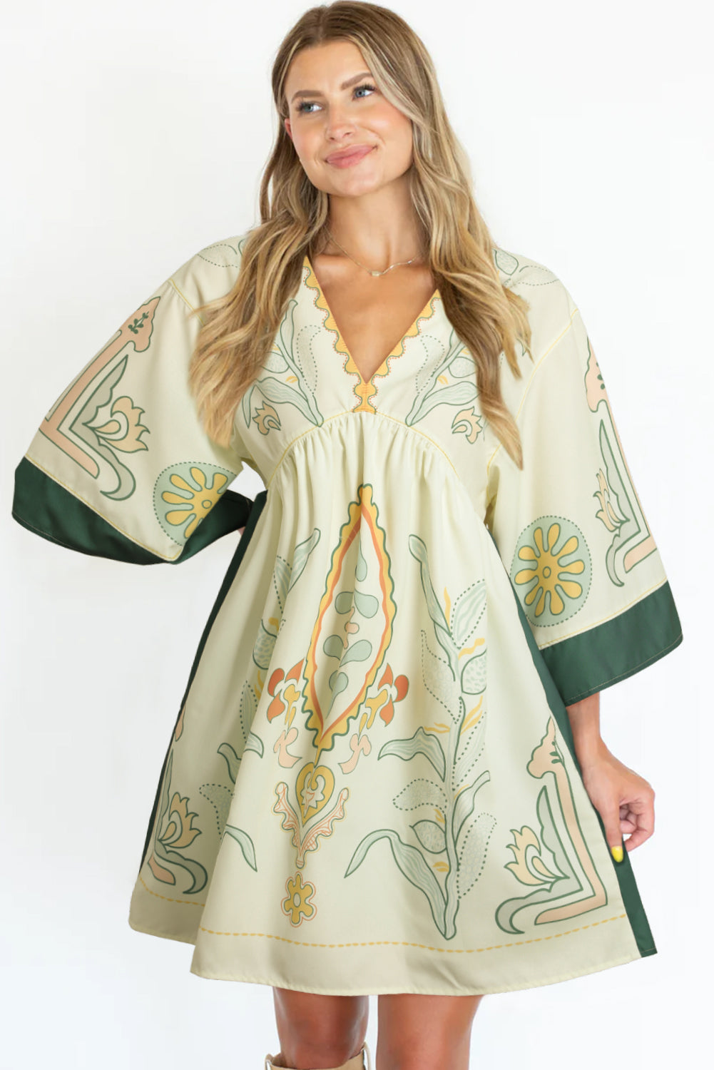 Multicolor Boho Floral V Neck Bell Sleeve Dress - Eloy Royal