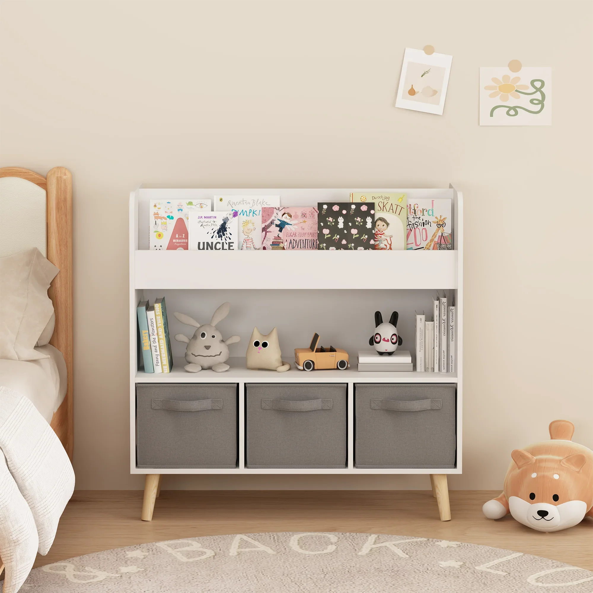 Modern Kids Bookshelf with 3 Fabric Bins, White and Gray Storage Shelf for Toys and Books, Ideal for Playroom, Bedroom, or Nursery - Eloy Royal