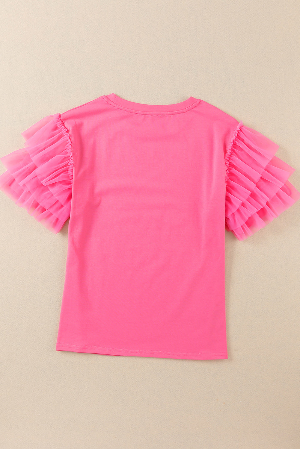 Pink Plain Round Neck Tulle Ruffle Sleeve Blouse - Eloy Royal