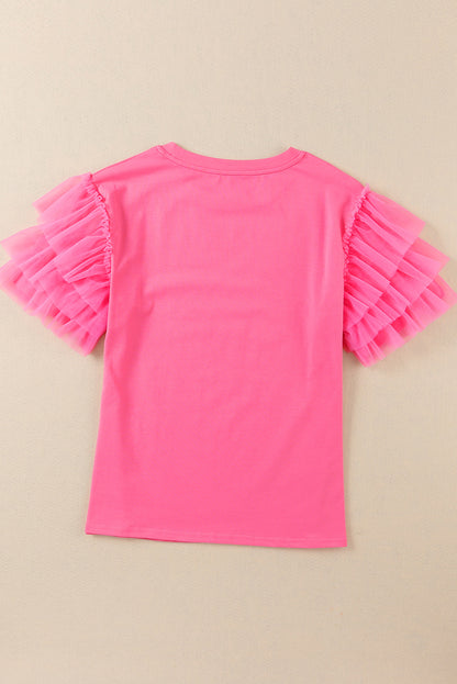 Pink Plain Round Neck Tulle Ruffle Sleeve Blouse - Eloy Royal