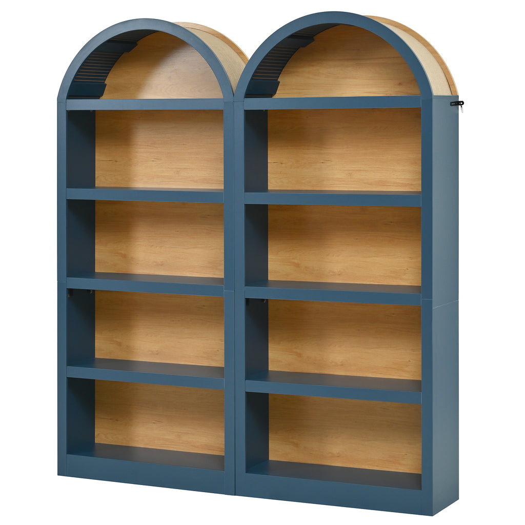 Freestanding Tall Bookshelves Set of 2, Farmhouse Two-Tone Open Storage Cabinet with Fabric Arched Top, 5-Tier Display Bookcase for Living Room, Bedroom, Home Office, Blue+Natural