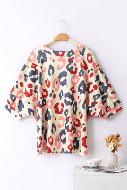 White Plus Size Colorful Leopard Print Batwing Sleeve Top - Eloy Royal