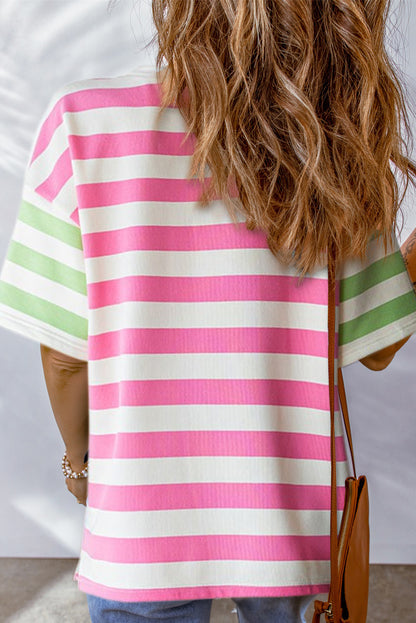 Pink Stripe Patch Pocket Drop Sleeve Slits T Shirt - Eloy Royal