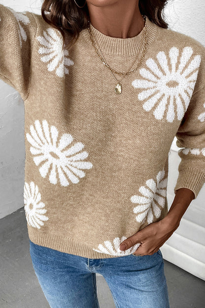 Pale Khaki Floral Print Round Neck Sweater