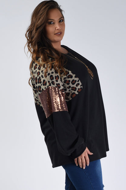 Wholesale Black Plus Size Leopard Sequin Patchwork Long Sleeve Top - Eloy Royal