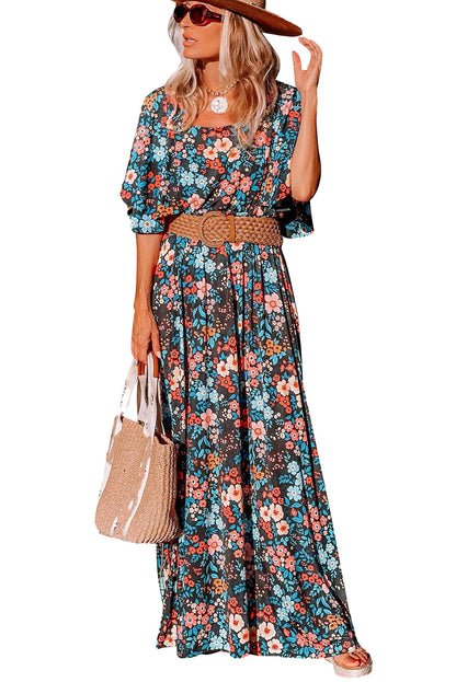 Sky Blue Boho Floral Print Knotted Backless Maxi Dress - Eloy Royal