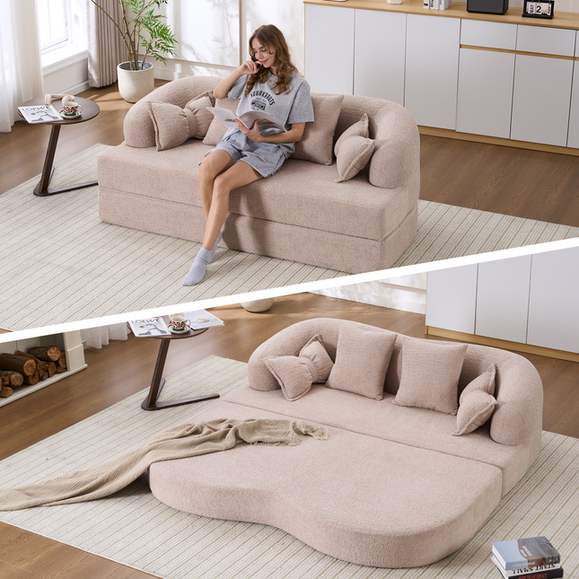 2-in-1 Foldable Sofa Bed,70 Inch Folding Boneless Couch Convertible Compressed Sleeper Sofabed, 4 Pillows for Living Room Apartment, Apricot