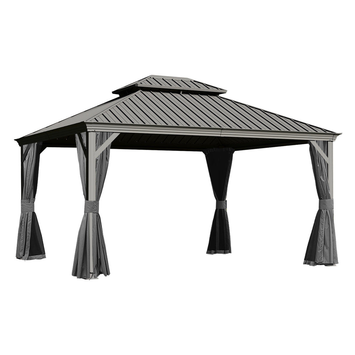 10x13FT Outdoor Gazebo, Hardtop Gazebo with Galvanized Steel Double Roof, Metal Gazebos with Drainage System Patio Pergola for Patio Deck Backyard,Curtain and Netting,Gray