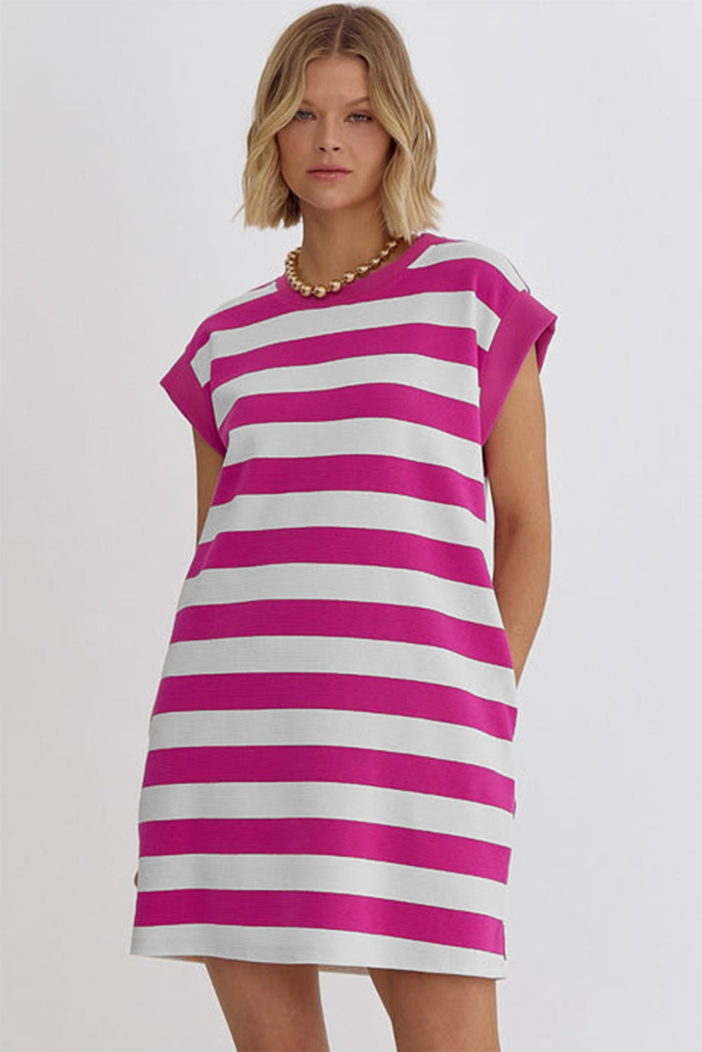 Rose Stripe Cap Sleeve Pocketed T-shirt Dress - Eloy Royal