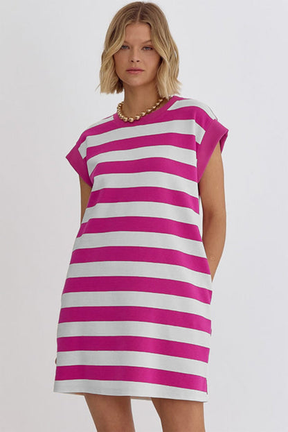 Rose Stripe Cap Sleeve Pocketed T-shirt Dress - Eloy Royal