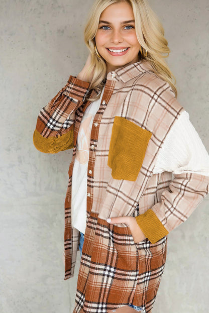 Orange Plaid Color Block Patchwork Pocket Shirt Shacket - Eloy Royal