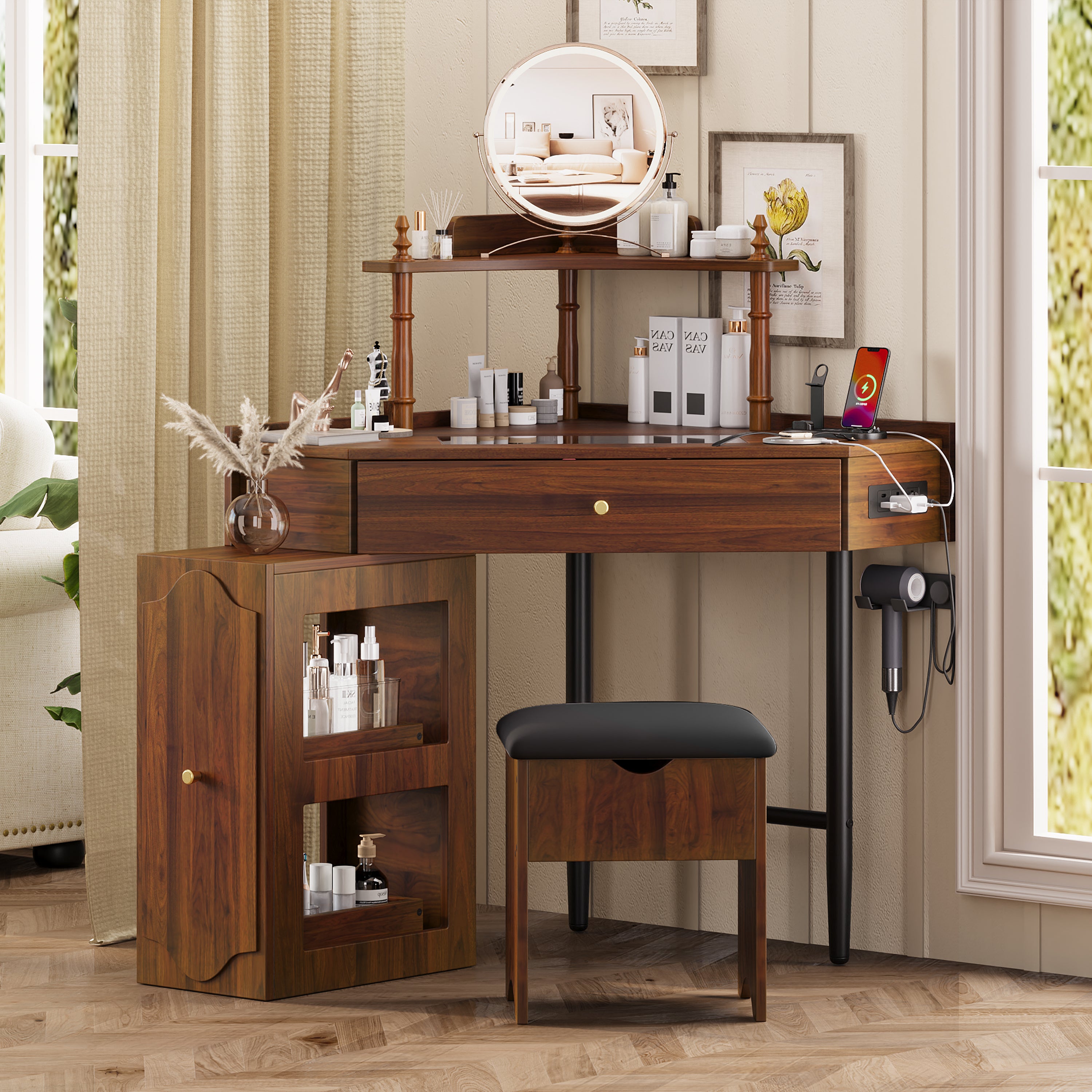 Corner Vanity Desk Set with Storage Cushioned Stool and Charging Station, Triangle Makeup Desk with Removable Pull-Out Side Cabinet, Glass Tabletop Makeup Vanity Desk with Drawer and Shelf, Walnut