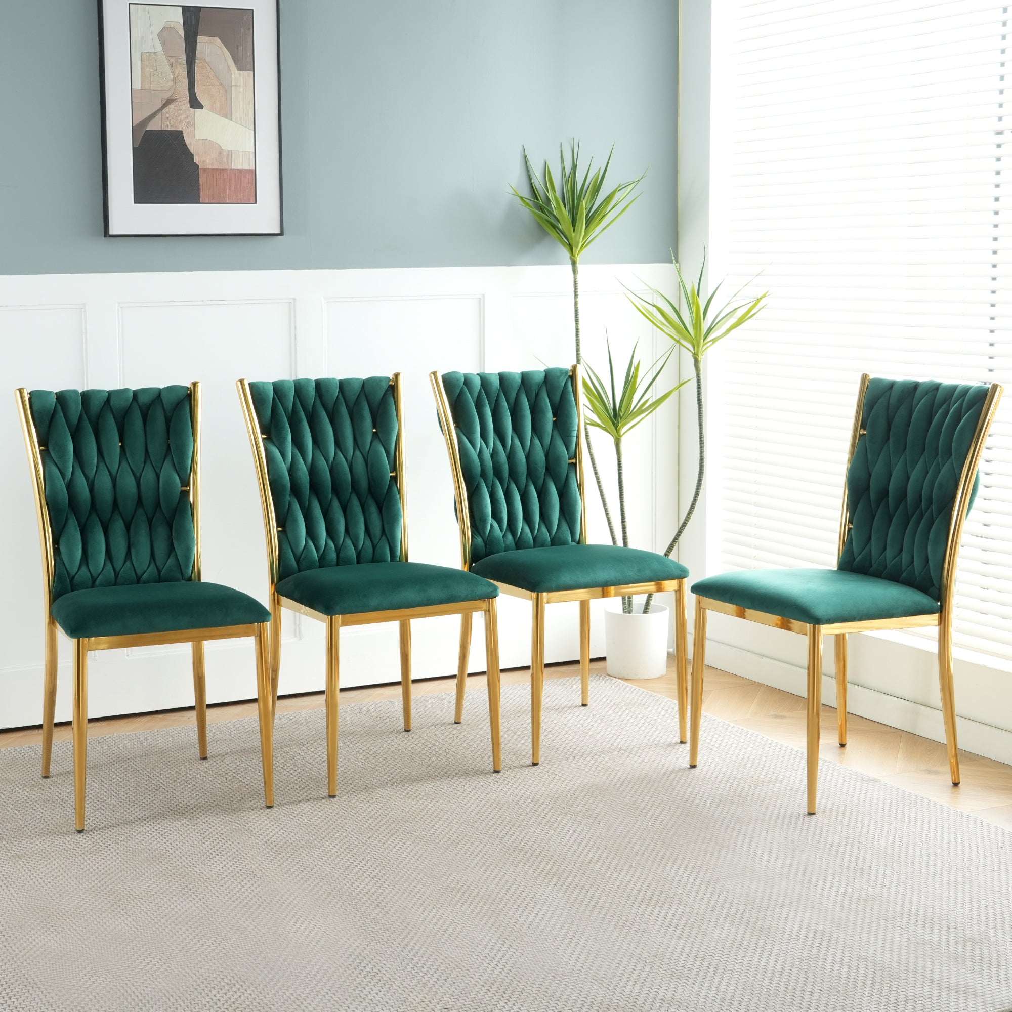 Modern simple green velvet dining chair, family bedroom stool back student table chair, gold-plated metal chair legs, suitable for dining room kitchen bedroom (set of 4)