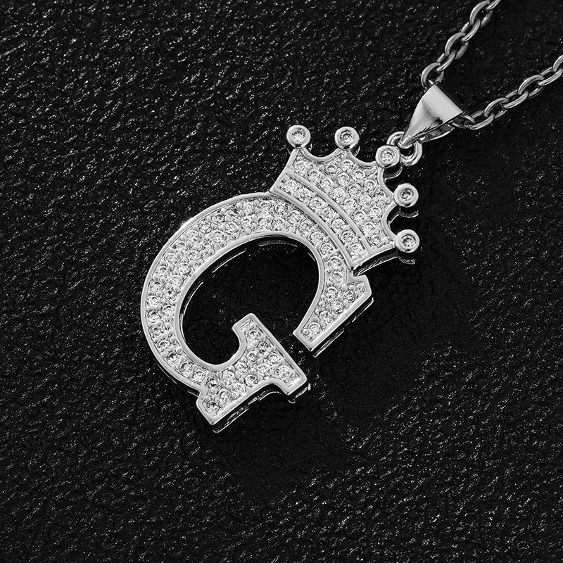 Unisex Copper Inlaid Zircon Crown English Letter Pendant Necklace