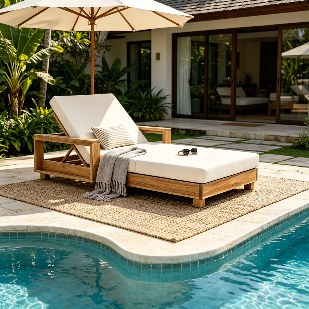 Light Natural Acacia Wood Outdoor Chaise Lounge Set, 1 Frame + 1 Cream Cushion, 4' Thick 3-Fold Water Resistant Foam Cushion, 4-Position Adjustable Recliner, 400 LBS Capacity for Patio Pool Backyard