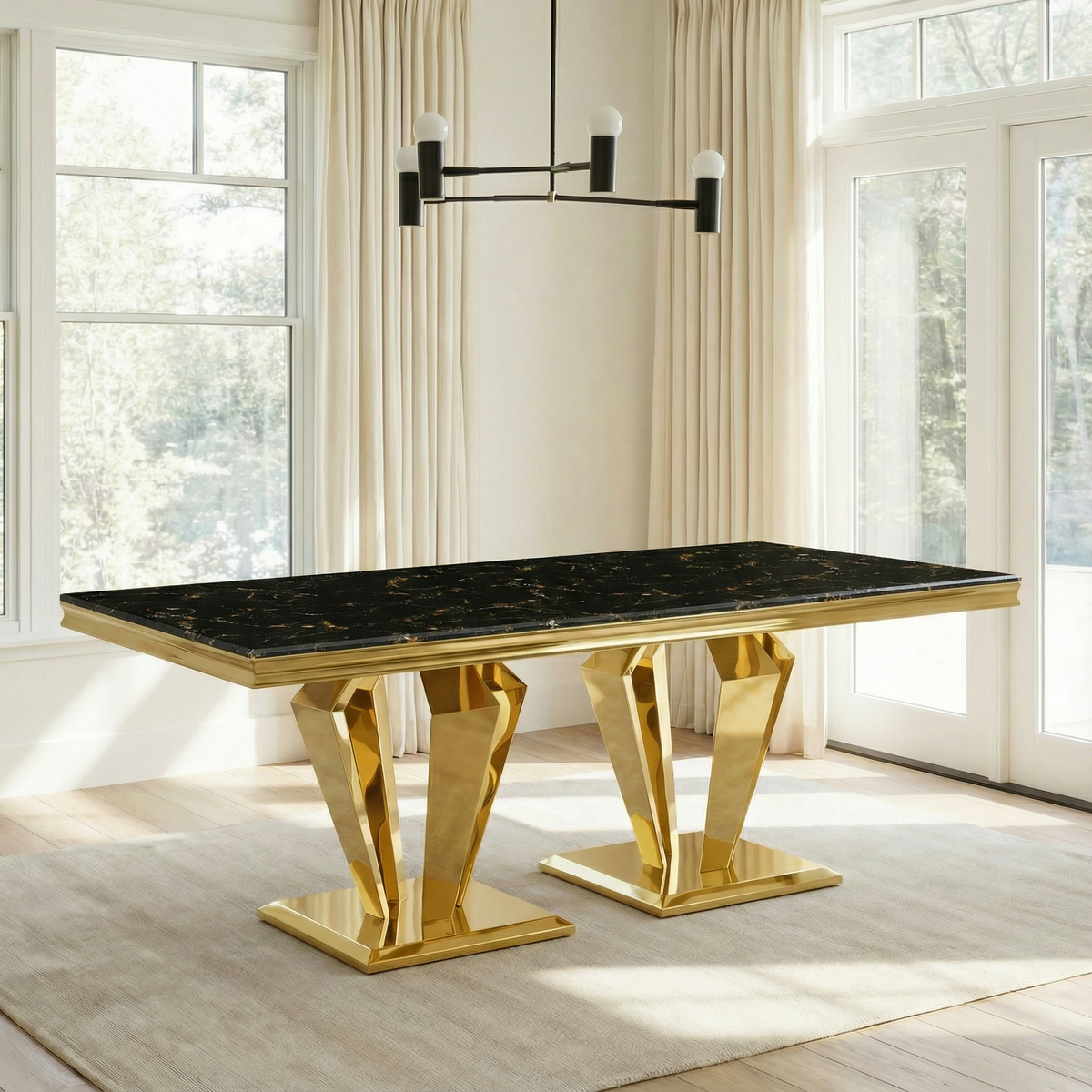 Black Gold MDF Marble Top Dining Table with 66.9' Polished Stainless Steel with Diamond-Shaped Base, Modern Large Long Dining Room Table