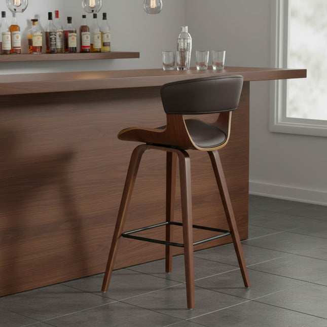 Grejja Modern 26' Wood and Black Faux Leather Counter Height Barstool