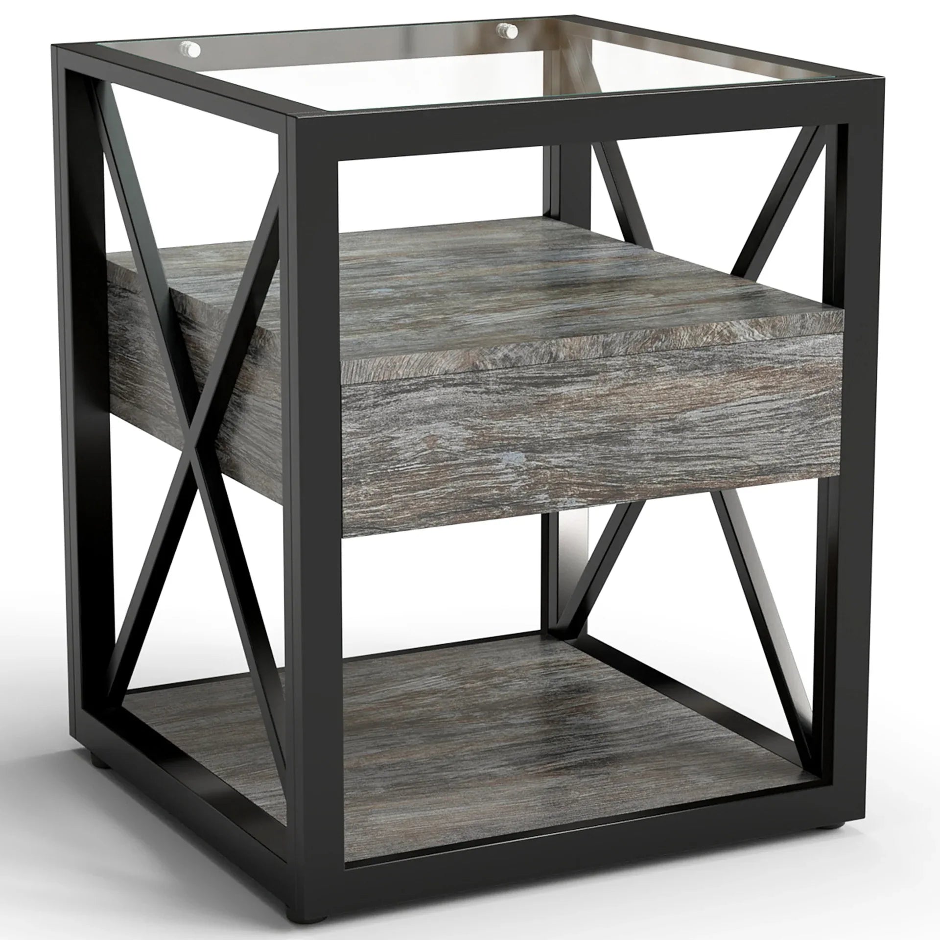 Set of 2 Modern End Table with Drawer - Nightstand for Bedroom & Living Room, Rustic Wood Grain MDF & Tempered Glass Top, Industrial Style Side Table - Eloy Royal