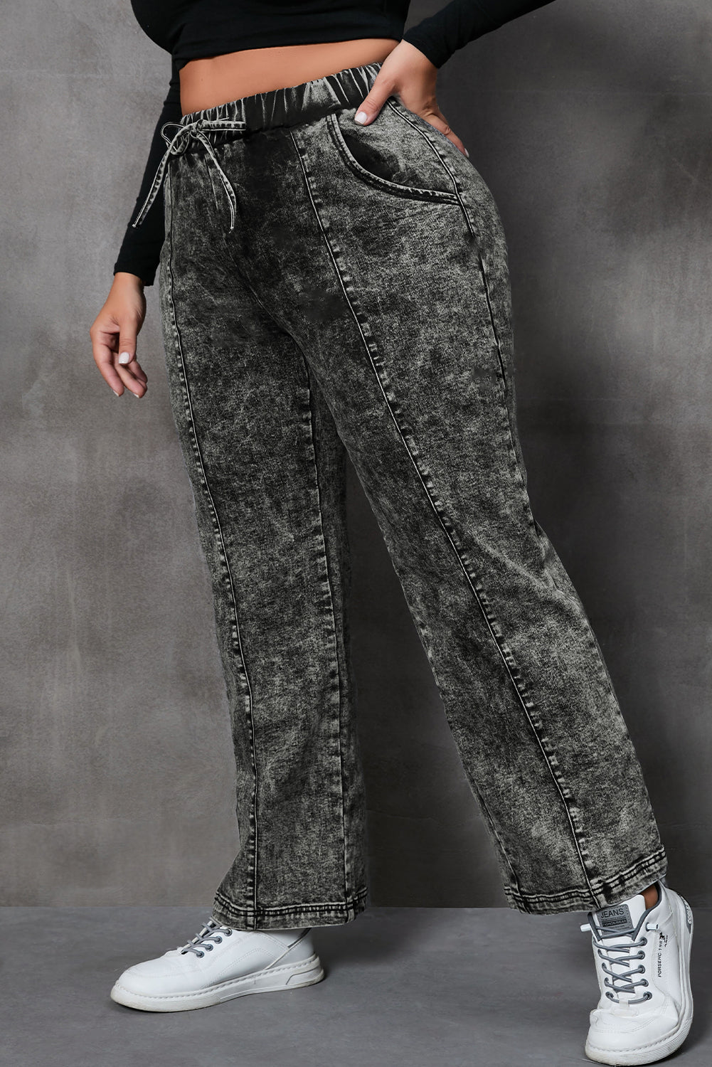 Wholesale Black Plus Size Tie Dye Drawstring Splicing Wide Leg Jeans - Eloy Royal