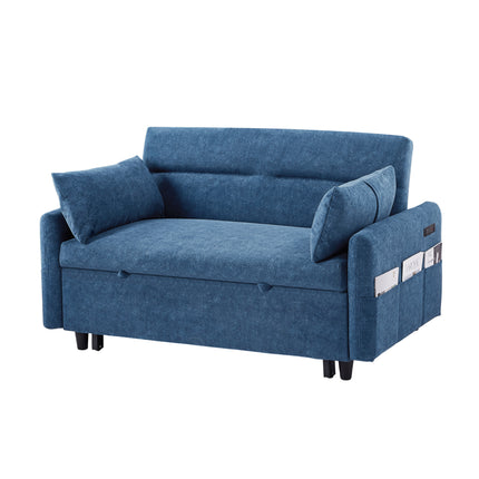 Modern Pull Out Sleep Sofa Bed Loveseat with Adjustable Backrest, Storage Pockets, USB Ports, Blue Microfiber, 55.1'