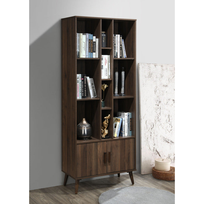 75' Faux Wood Bookshelves with 10 Open Shelves, 1 Cabinet Bookcase, Dark Walnut