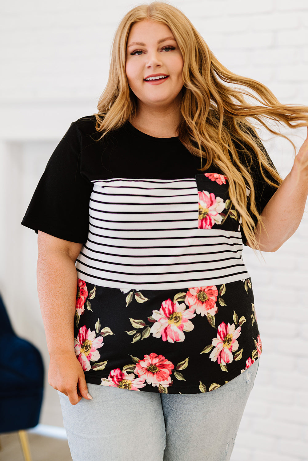 Black Stripe Floral Casual Splicing Block Plus Size Top - Eloy Royal