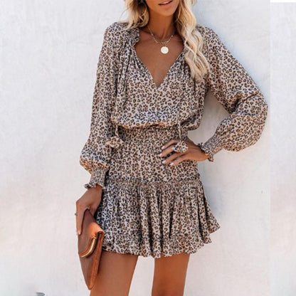 Flowers Print Long Sleeve Dress Fashion Patchwork Puff Sleeve Waist Dresses Womens Clothing