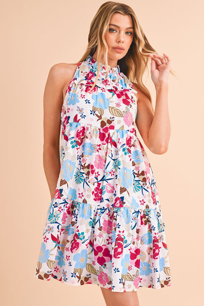 White Frill Mock Neck Sleeveless Tiered Floral Dress - Eloy Royal