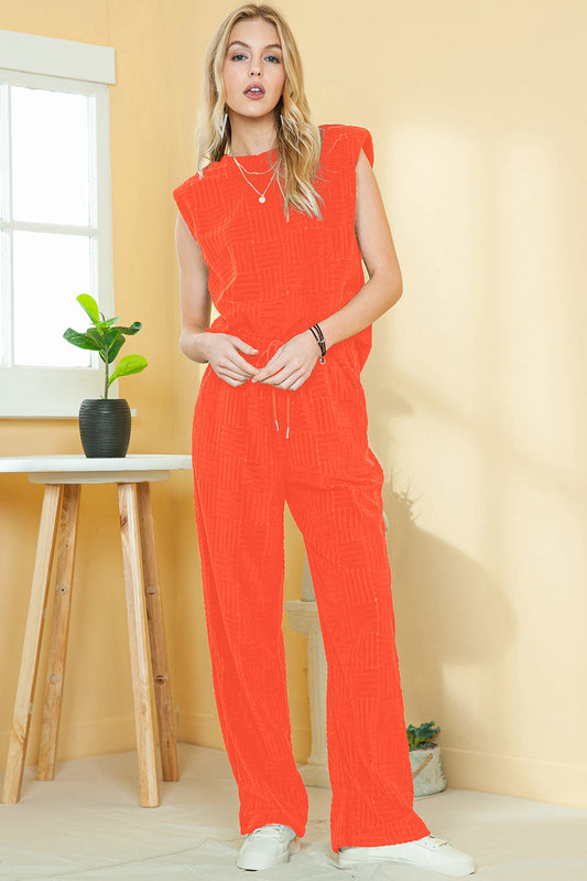 Orange Textured Tank Top and Drawstring Wide Leg Pants Set - Eloy Royal