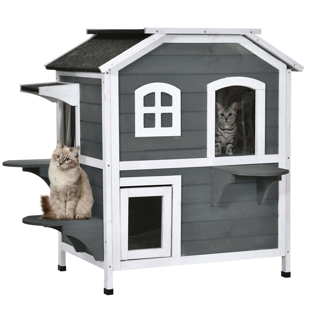 PawHut 2-story Cat House Outdoor, Weatherproof Wooden Cat Enclosure for Feral Cats with Escape Door, Openable Roof, Jumping Platforms, Gray