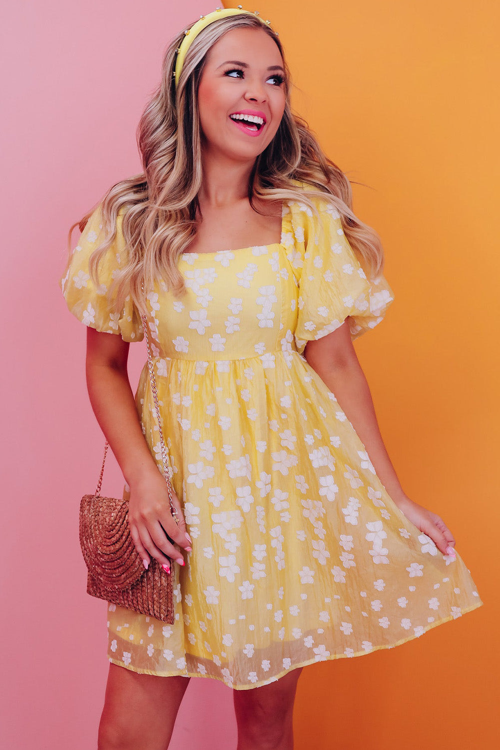 Yellow Boho Flower Jacquard Puff Sleeve Square Neck Mini Dress - Eloy Royal