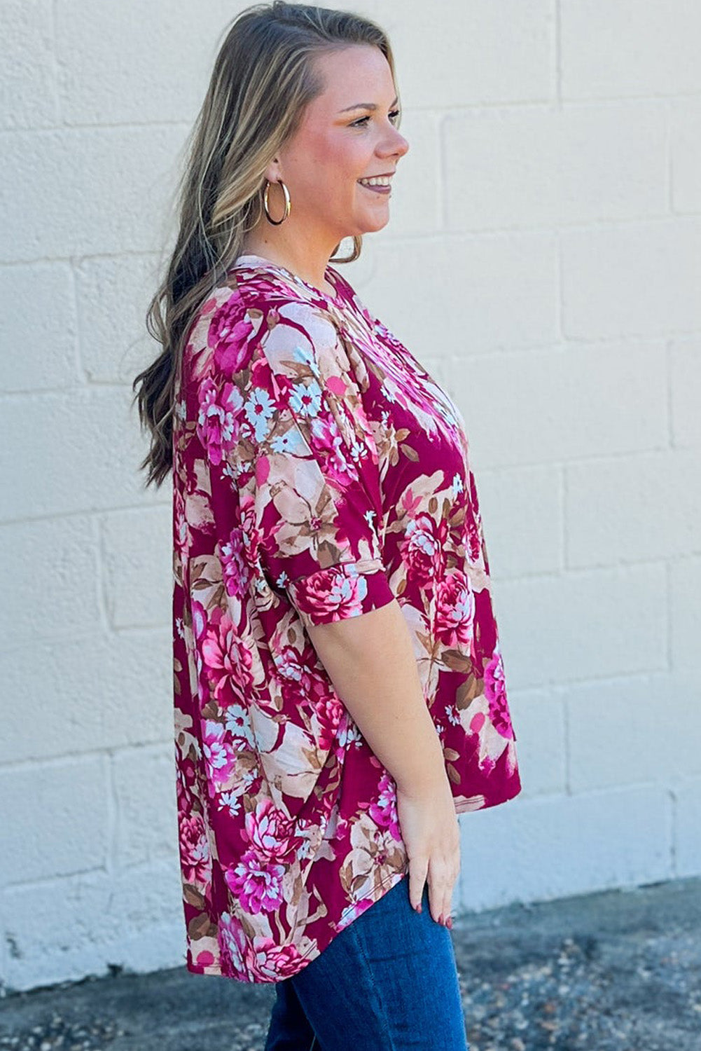 Red Plus Size Floral Print Half Sleeve Blouse - Eloy Royal