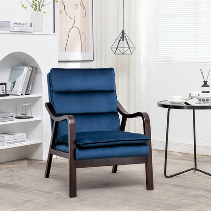 Mid-Century Modern Dark Blue Accent Chair with Wood Armrest, Upholstered Reading Chair for Living Room Bedroom