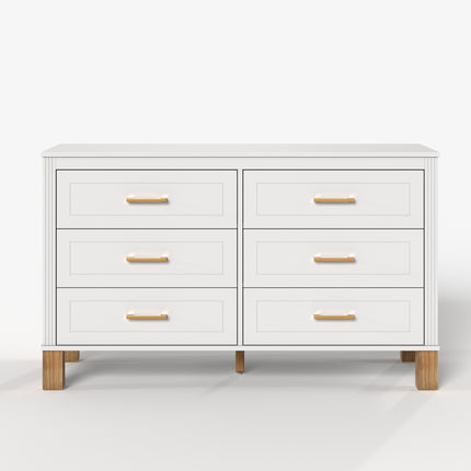 Modern 6-Drawer White Dresser with Solid Wood Legs and Metal Handles, Heavy-Duty Storage Cabinet for Kids Bedroom or Living Area