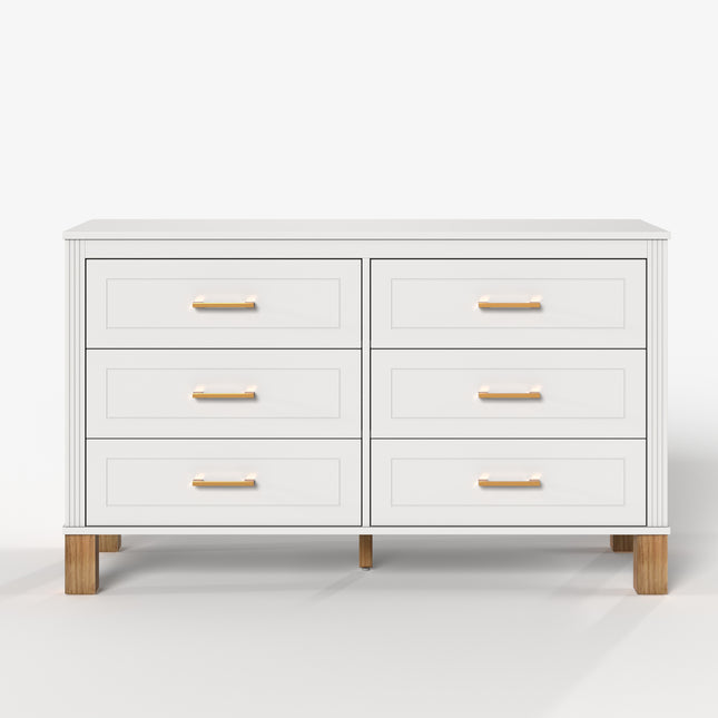 Modern 6-Drawer White Dresser with Solid Wood Legs and Metal Handles, Heavy-Duty Storage Cabinet for Kids Bedroom or Living Area