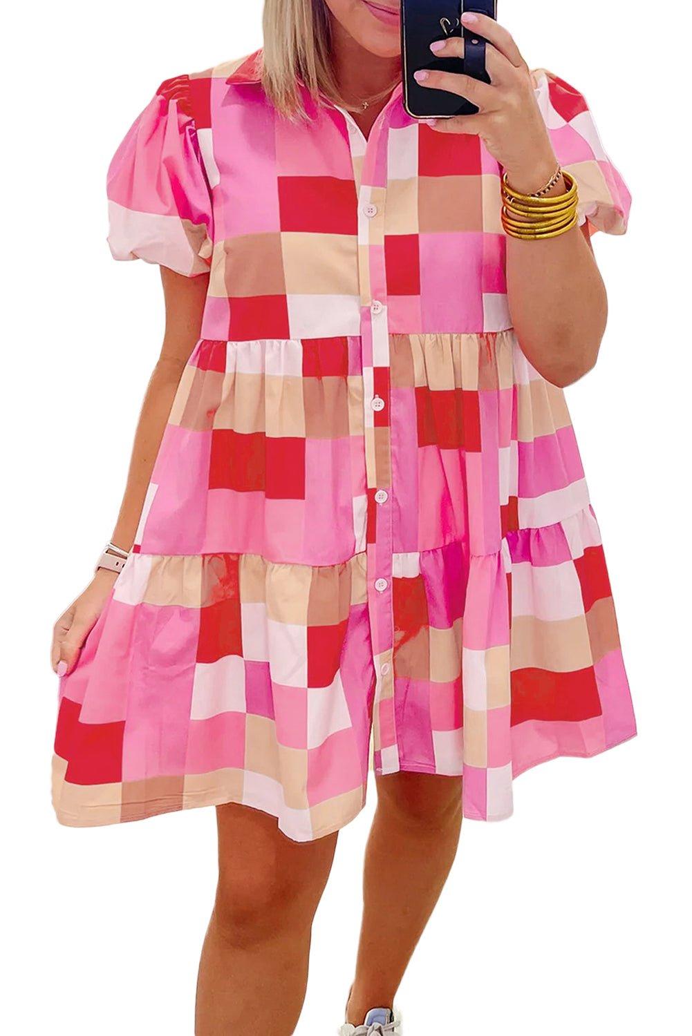 Pink Colorblock Plaid Puff Sleeve Tiered Mini Dress - Eloy Royal