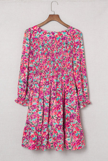 Purple Floral Print Long Sleeve Flounce Hem V Neck Smocked Dress - Eloy Royal