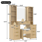 43.5' Fluted Makeup Vanity Desk with Mirror and Lights, Modern Glass Top Vanity Table with 10 Drawers & 2 Transparent Glass Cabinets, Dressing Table Set with Stool and Charging Station, Oak - Eloy Royal