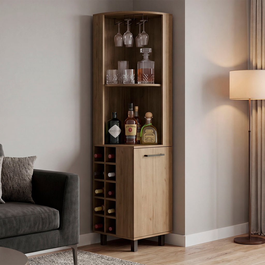 Kingston Corner Bar Cabinet with Wine Bottle Storage, Stemware Rack, and Display Shelves