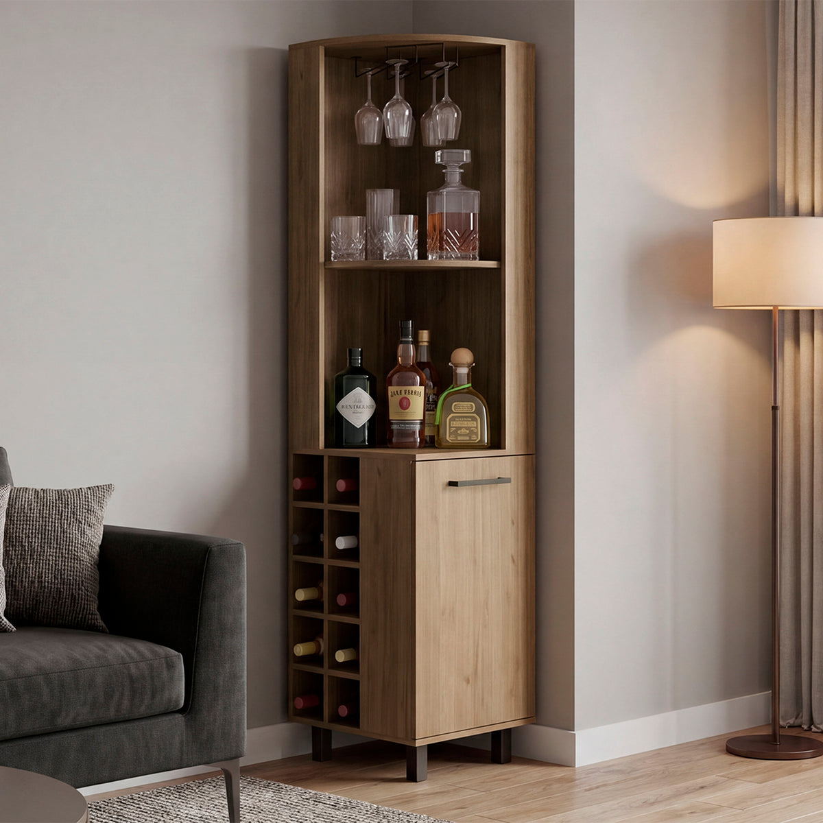 Kingston Corner Bar Cabinet with Wine Bottle Storage, Stemware Rack, and Display Shelves