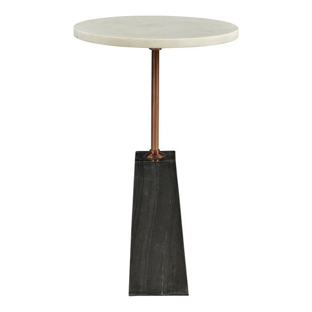 Accent Table, White Marble Top, Dark Grey Marble Base, Brass Finished Iron, Round