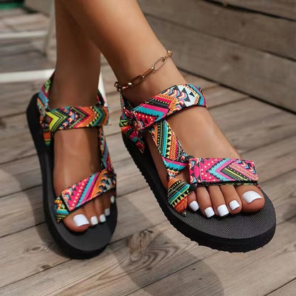 Printed Velcro-design Sandals Summer Ethnic Style Thick Flat Sandals Women's Fashion Casual Beach Shoes - Eloy Royal