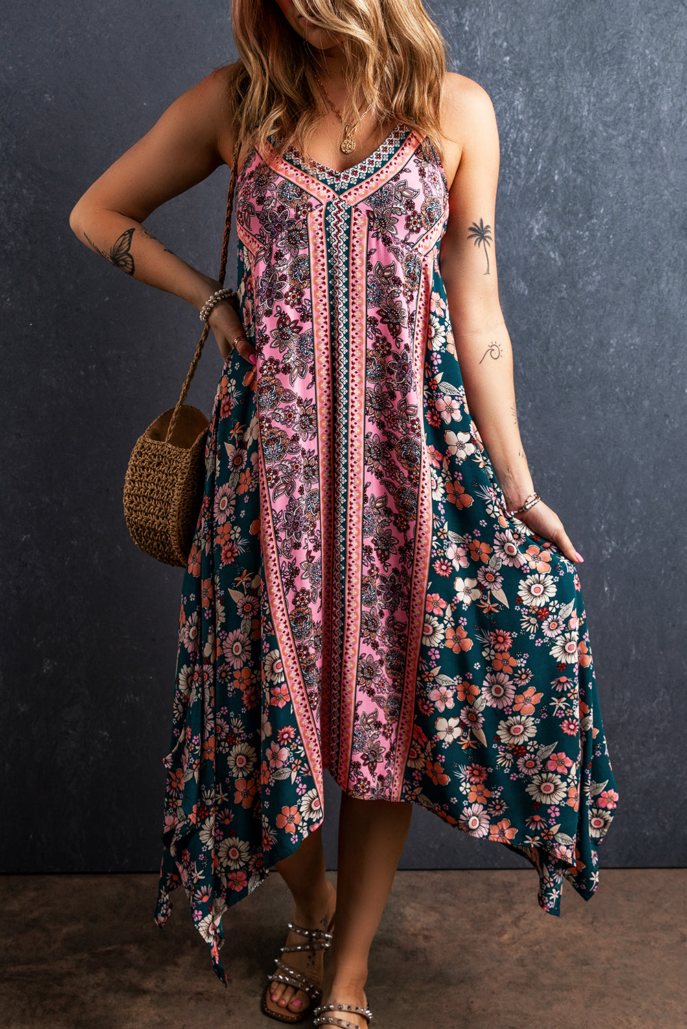 Pink Bohemian Floral Patchwork Print Maxi Sundress - Eloy Royal