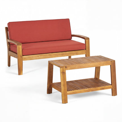 2-Piece Outdoor Teak Acacia Wood Conversation Set - Loveseat & Coffee Table