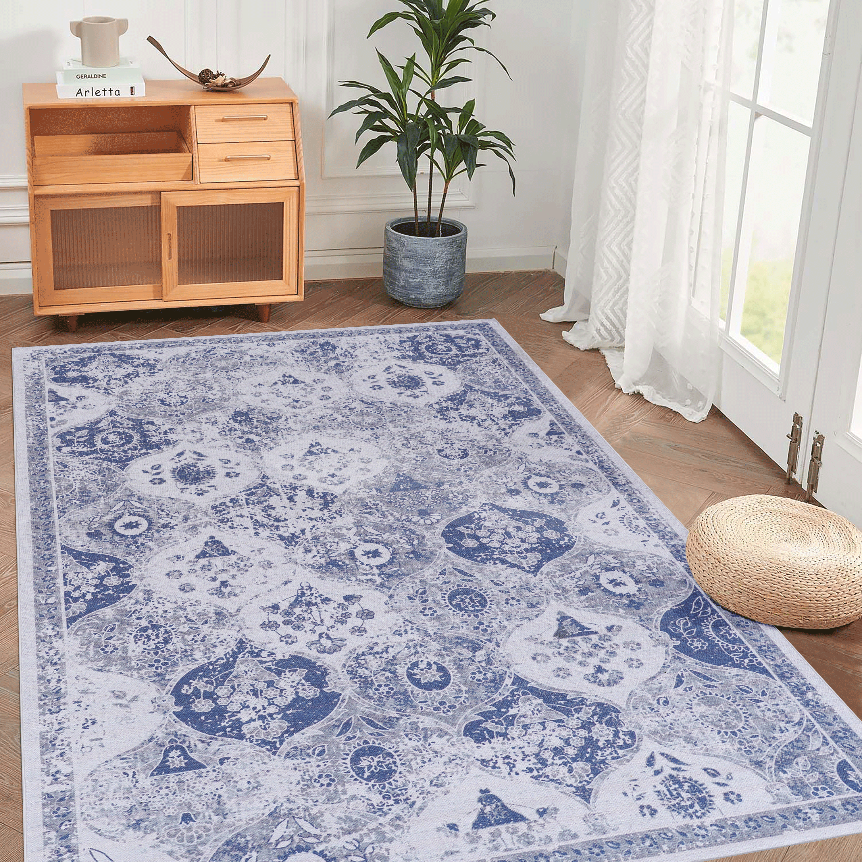 MAVAL Blue Washable Rug 5x8 Area Rug (Blue, 5' x 8')