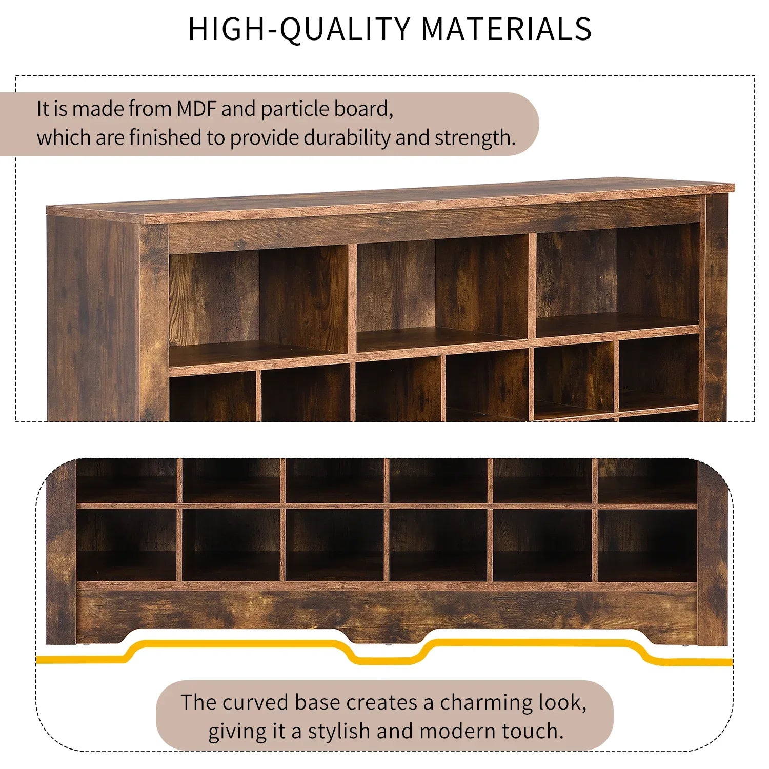 ON-TREND Sleek Design 24 Shoe Cubby Console, Modern Shoe Cabinet with Curved Base, Versatile Sideboard with High-quality for Hallway, Bedroom, Living Room, Rustic Brown - Eloy Royal