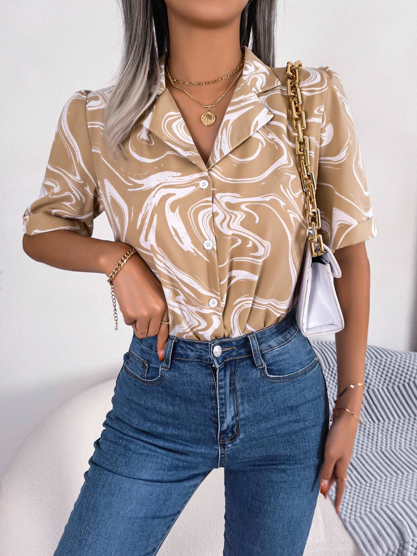 Fashion Tie Dye Printed Short Sleeve Shirt Summer Casual Lapel Shirt Tops For Womens Clothing