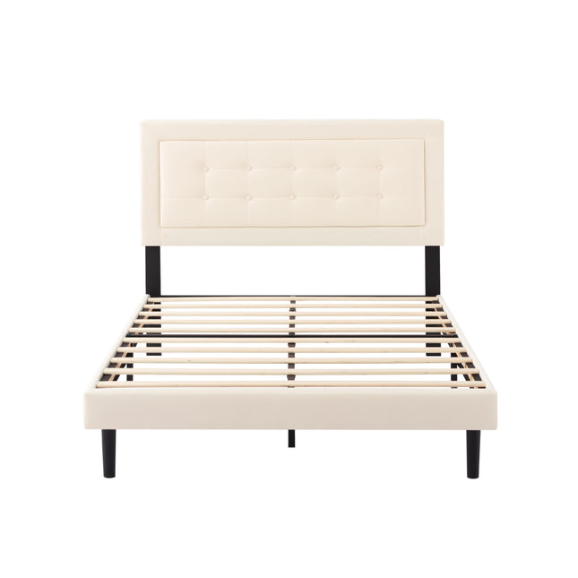 Full Size Upholstered Platform Bed Frame with Wood Slats Support, Beige