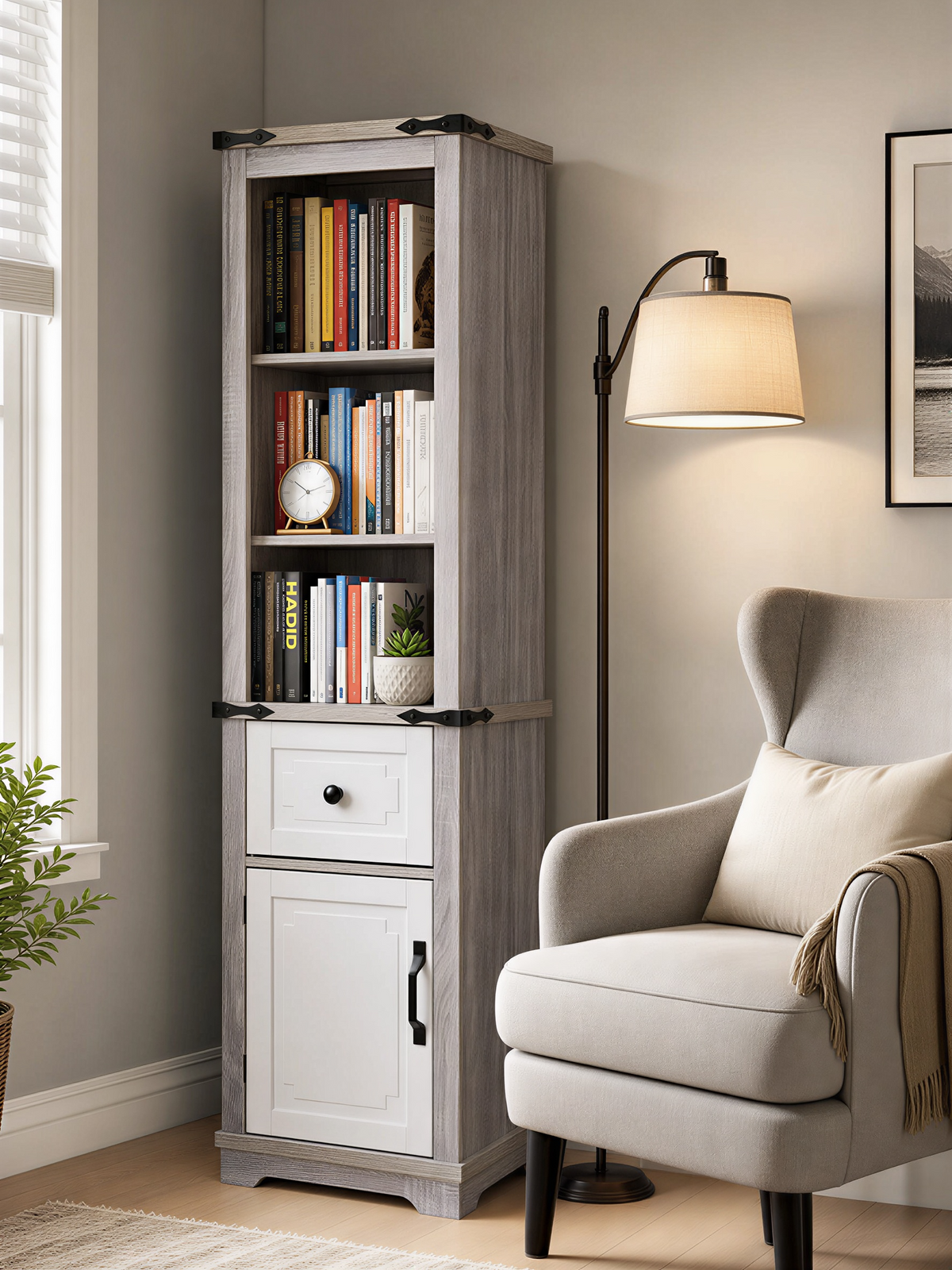 Narrow cabinet,Bathroom Storage Cabinet, Farmhouse Storage Cabinet with Adjustable Shelves & Storage Drawer, Tall Linen Tower for Bathroom, Living Room, Grey+white color